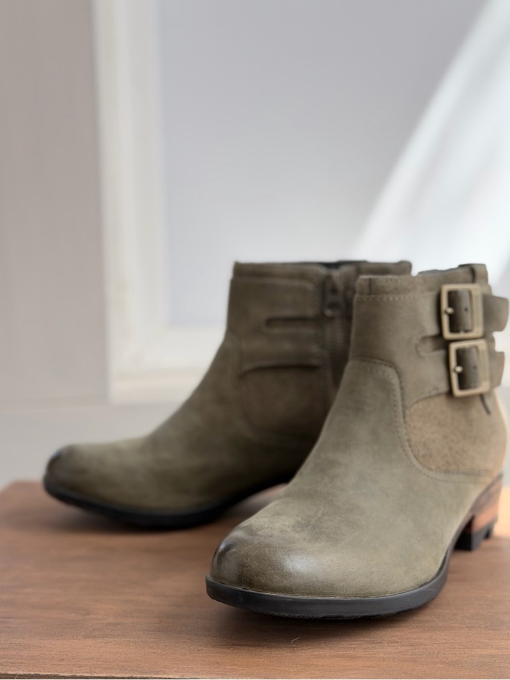 Sorel Olive Suede Double Buckle Ankle Boots